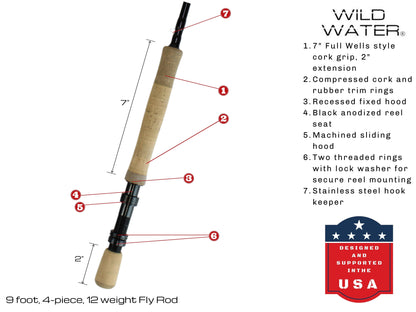 Wild Water Standard Fly Fishing Combo 9 ft, 4-Piece, 12 wt Rod