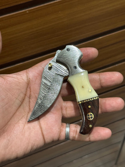 KBS Knives Damascus Handmade Custom Folding Pocket Knife with Buffalo Horn and Rosewood Handle, 3.2-inch Blade Length