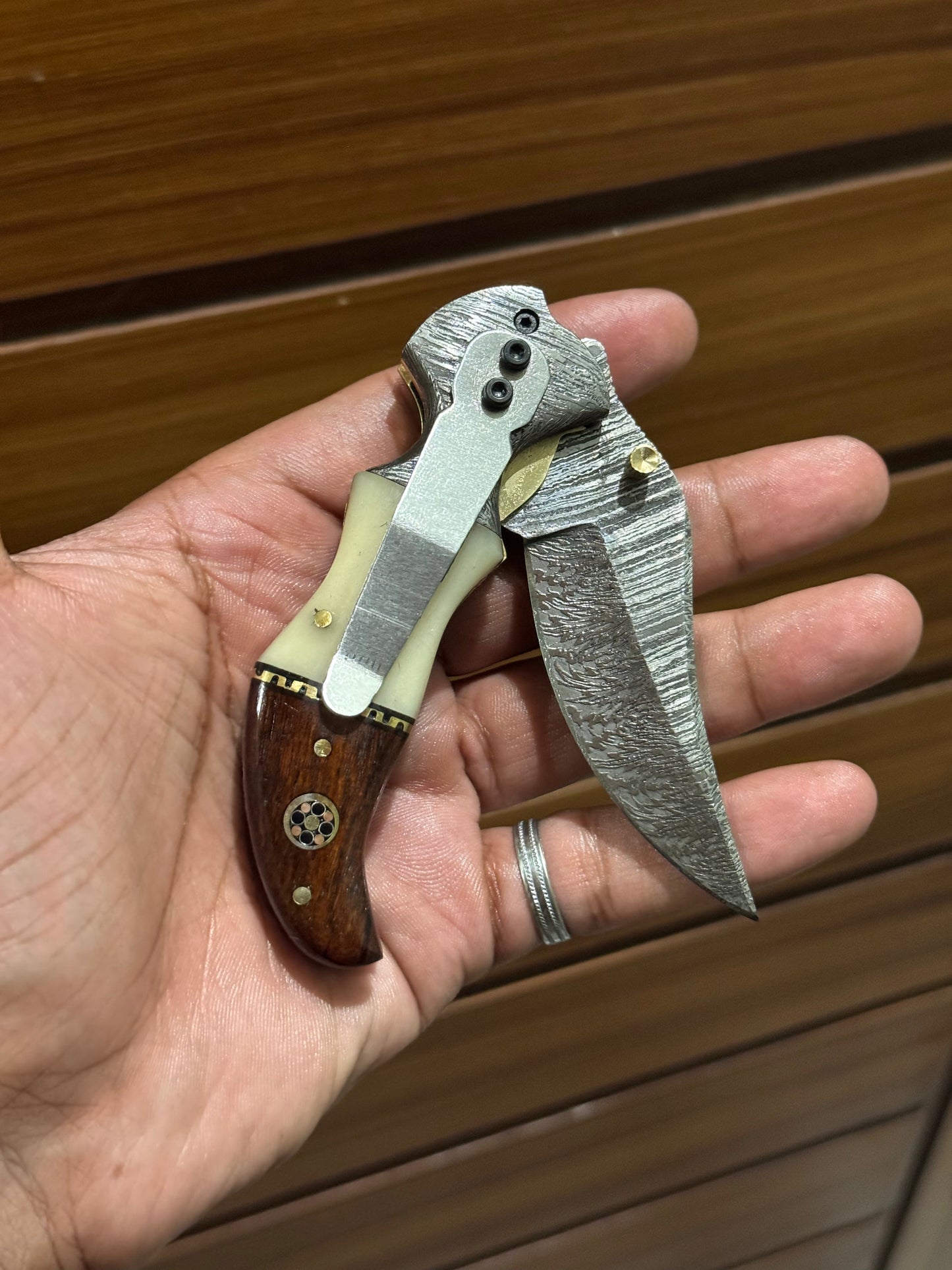 KBS Knives Damascus Handmade Custom Folding Pocket Knife with Buffalo Horn and Rosewood Handle, 3.2-inch Blade Length