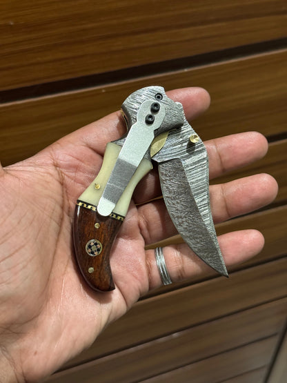 KBS Knives Damascus Handmade Custom Folding Pocket Knife with Buffalo Horn and Rosewood Handle, 3.2-inch Blade Length