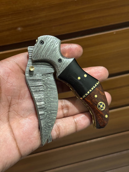 KBS Knives Damascus Handmade Custom Folding Pocket Knife with Buffalo Horn and Rosewood Handle, 3.2-inch Blade Length