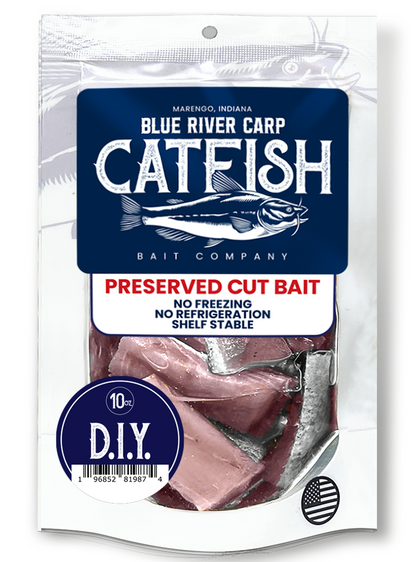 Blue River Carp Preserved Pre-Cut Fish Bait Chunks, 10oz package - 7 scents available