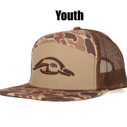 AF Waterfowl Youth Size 7 Panel Brown Old School AFW Style w/ 3 D Puff and Brown Mesh