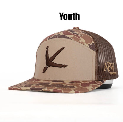 AF Waterfowl Youth 7 Panel Old School Camo 3 D Puff Turkey Tracks w Brown Mesh