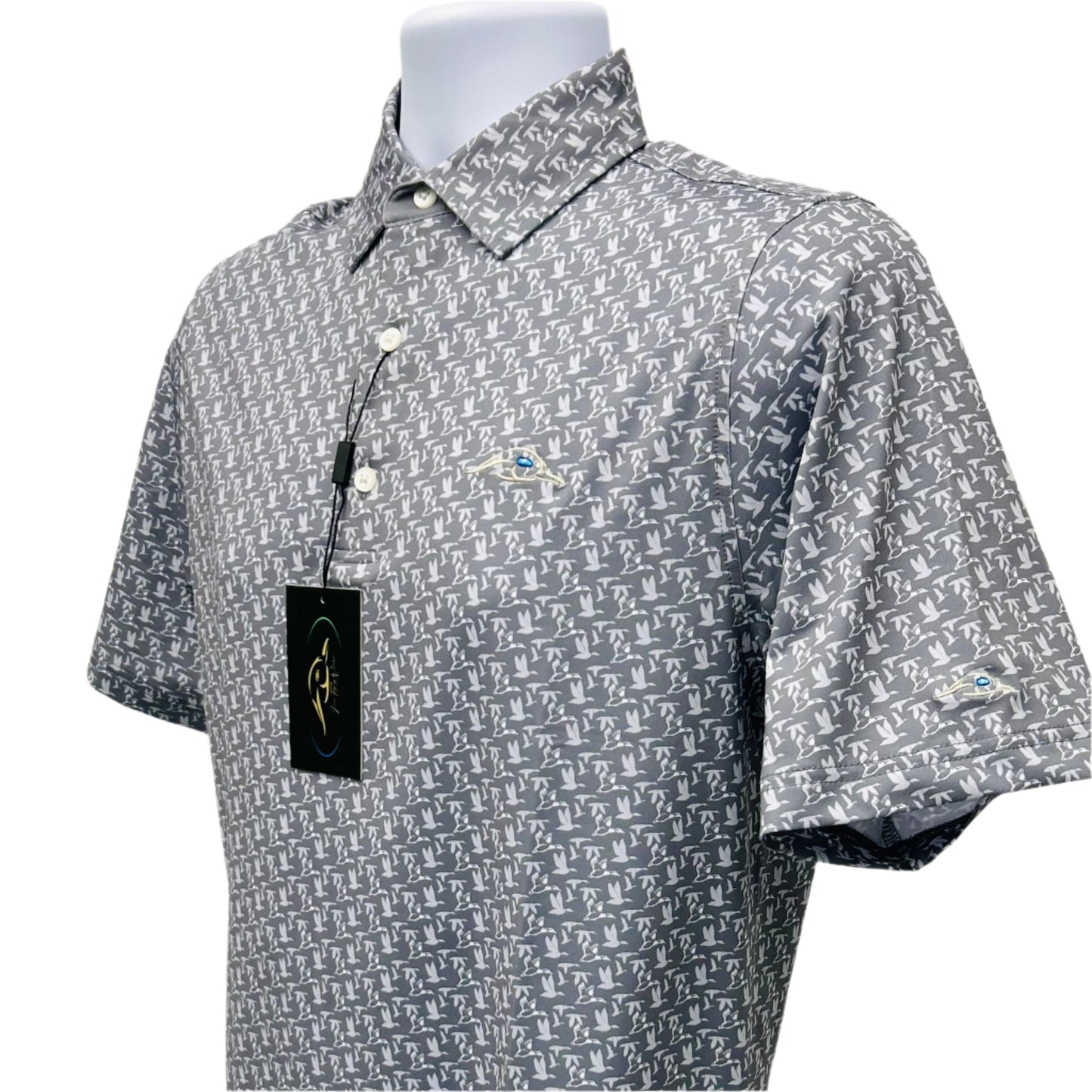 American Flyway Waterfowl Grey with White Flying Ducks Polo