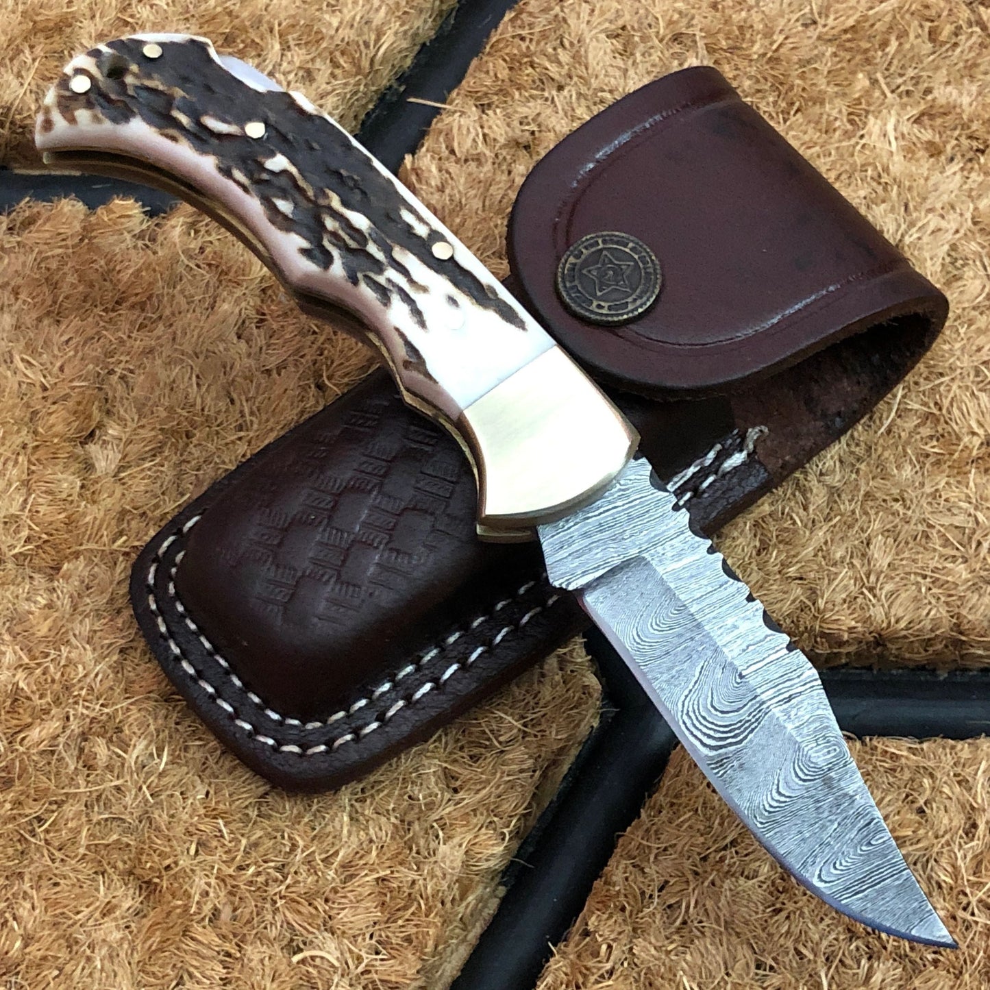 KBS Knives Utility Folding Pocket Knife | Antler Horn Handle with Brass Bolster | 3-Inch Blade | Leather Case | KBS Knives Store