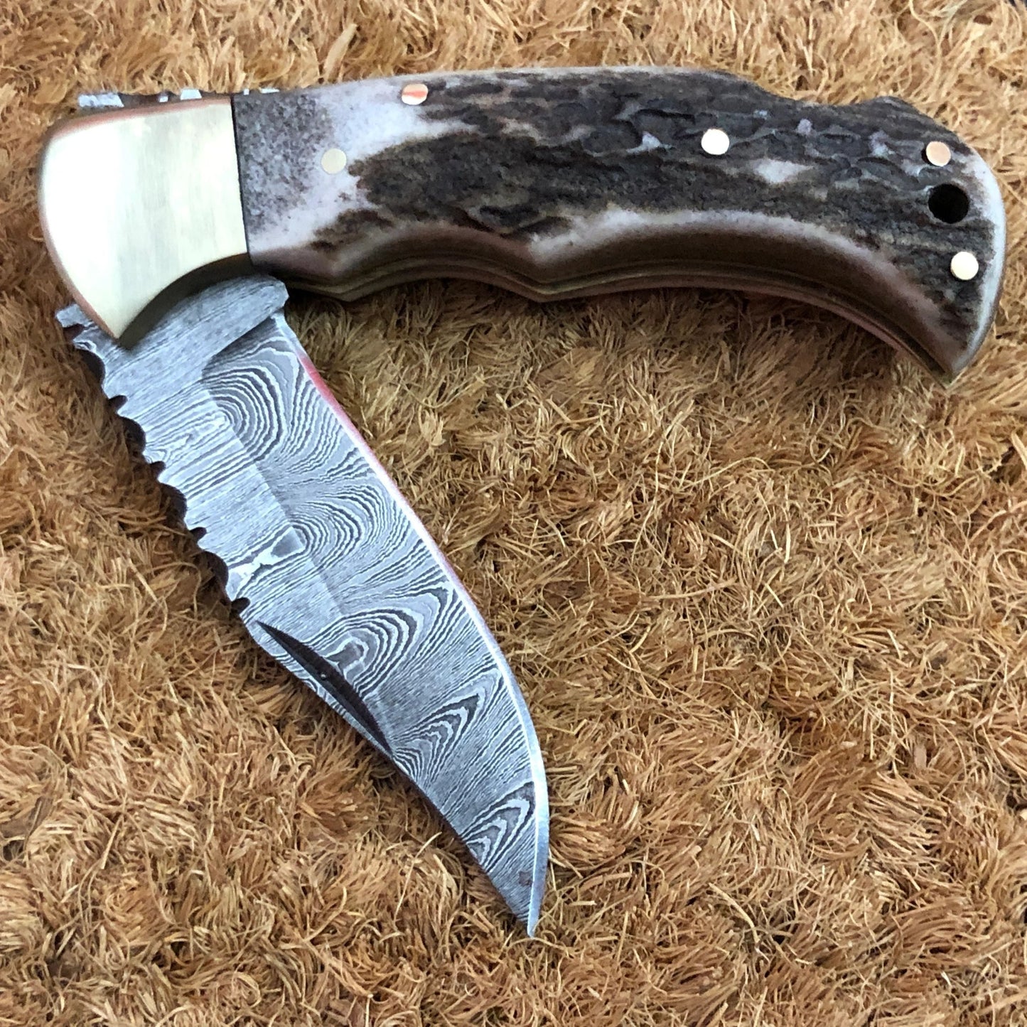 KBS Knives Utility Folding Pocket Knife | Antler Horn Handle with Brass Bolster | 3-Inch Blade | Leather Case | KBS Knives Store