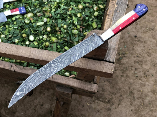 KBS Knives Texas Flag Handle Damascus Steel Handmade Fillet Boning Knife with Blue and Red Exotic Wood and Bone Handle, 12.5 Inches