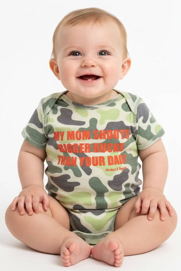 Hooked & Tagged  - "My Mom Shoots Bigger Bucks Than Your Dad" Onesie