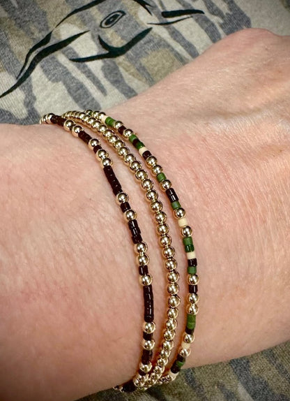 AF Waterfowl 14K Gold Filled and Camo Color Seed Bead Stretch Bracelets