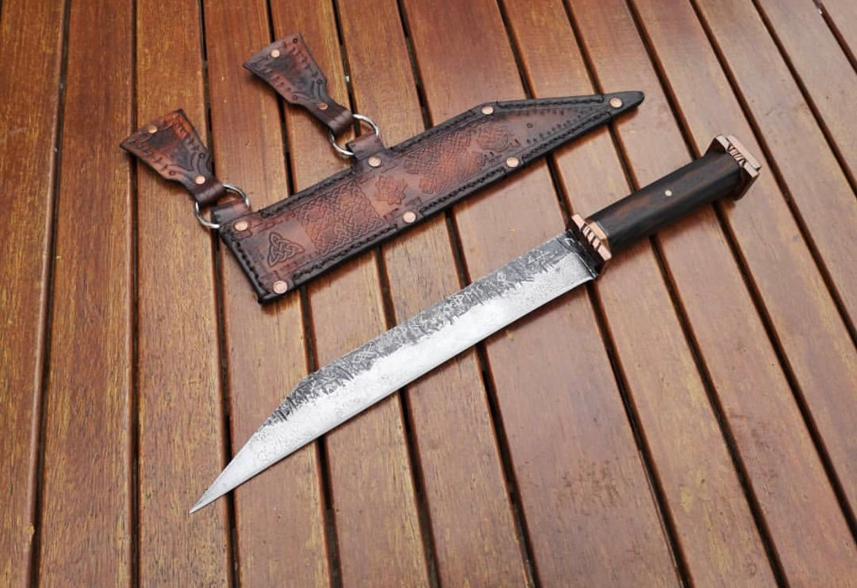 KBS Knives Custom Handmade Hand Forged 1095 Steel Viking Seax Knife with Rosewood Handle and Brass Guards - 12 inches by KBS Knives Store
