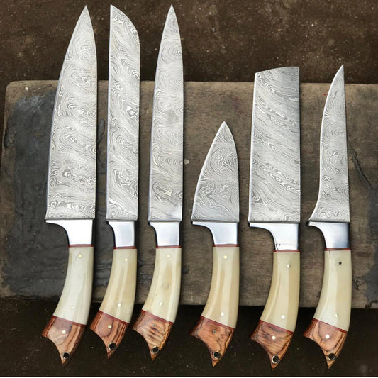 KBS Knives Sculpted Elegance: 6-Piece Kitchen Knives Set with Twist Damascus Steel Blades, Exotic Wood and Bone Handles, and Leather Roll