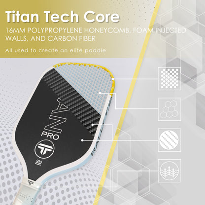 Rally Titan Pickleball Titan Pro 16MM | Thermoformed Unibody Construction | Foam Injected Walls | T700 Titan Carbon Friction Surface | White with Blue Accents