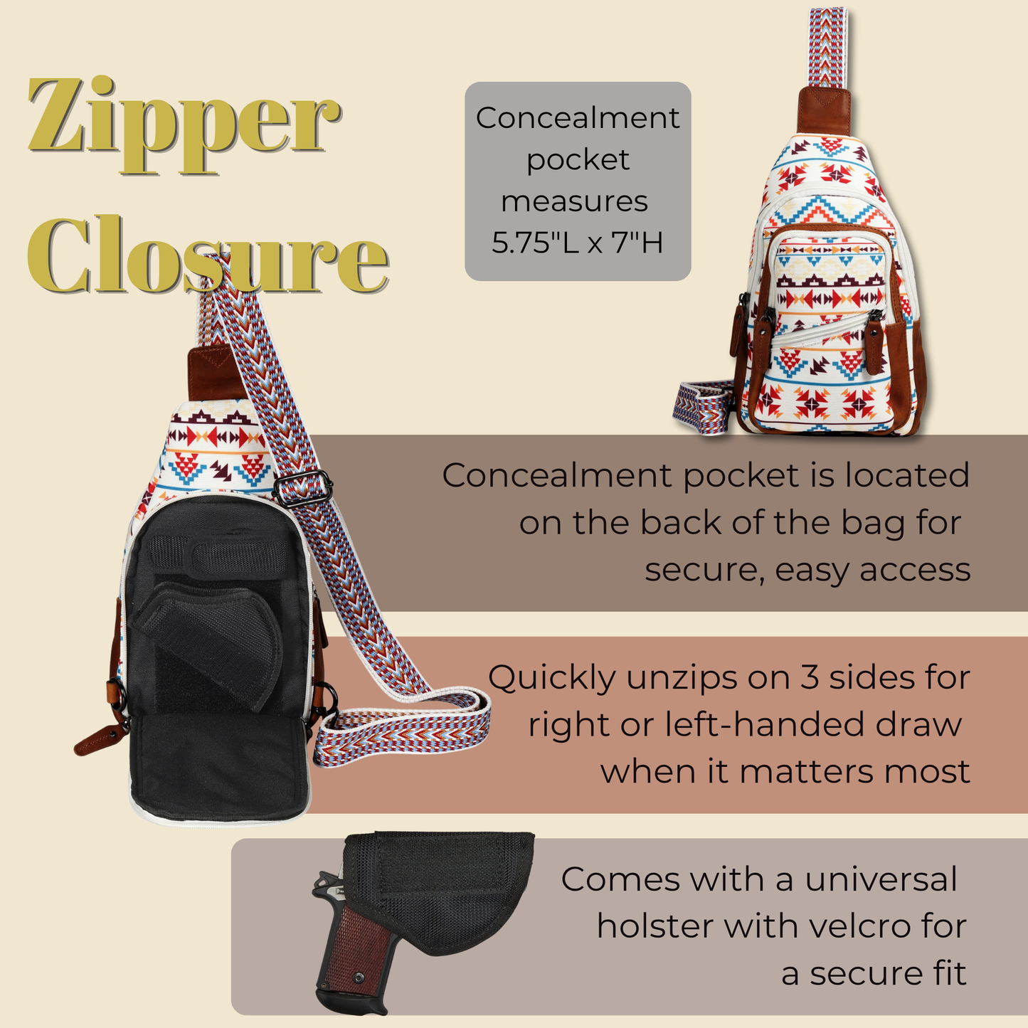Concealed Carry Aztec Indie Canvas Sling by Lady Conceal