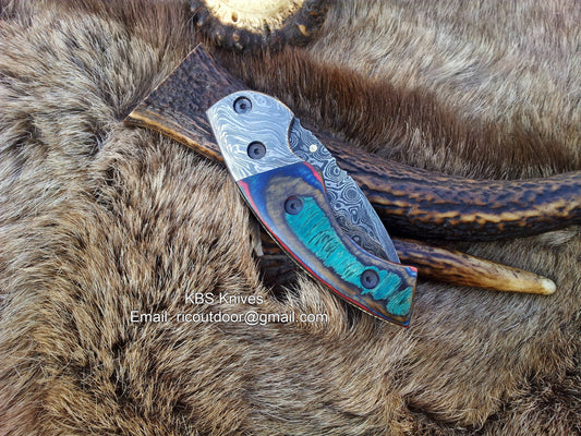 KBS Knives Everyday Carry Damascus Steel Folding Pocket Knife with Multi-Color Wood Handle – The SpectrumEdge