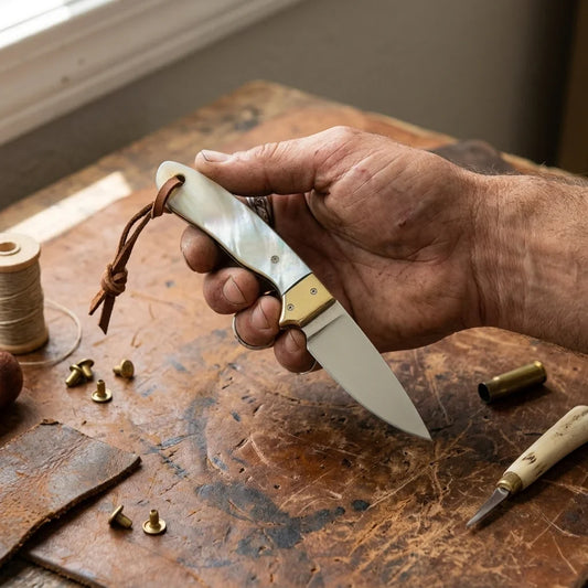 Frontier Cowboy Gear The White Ghost – Custom Handmade D2 Steel Buckaroo Knife with White Sheep Horn & Brass Bolster & Leather Sheath