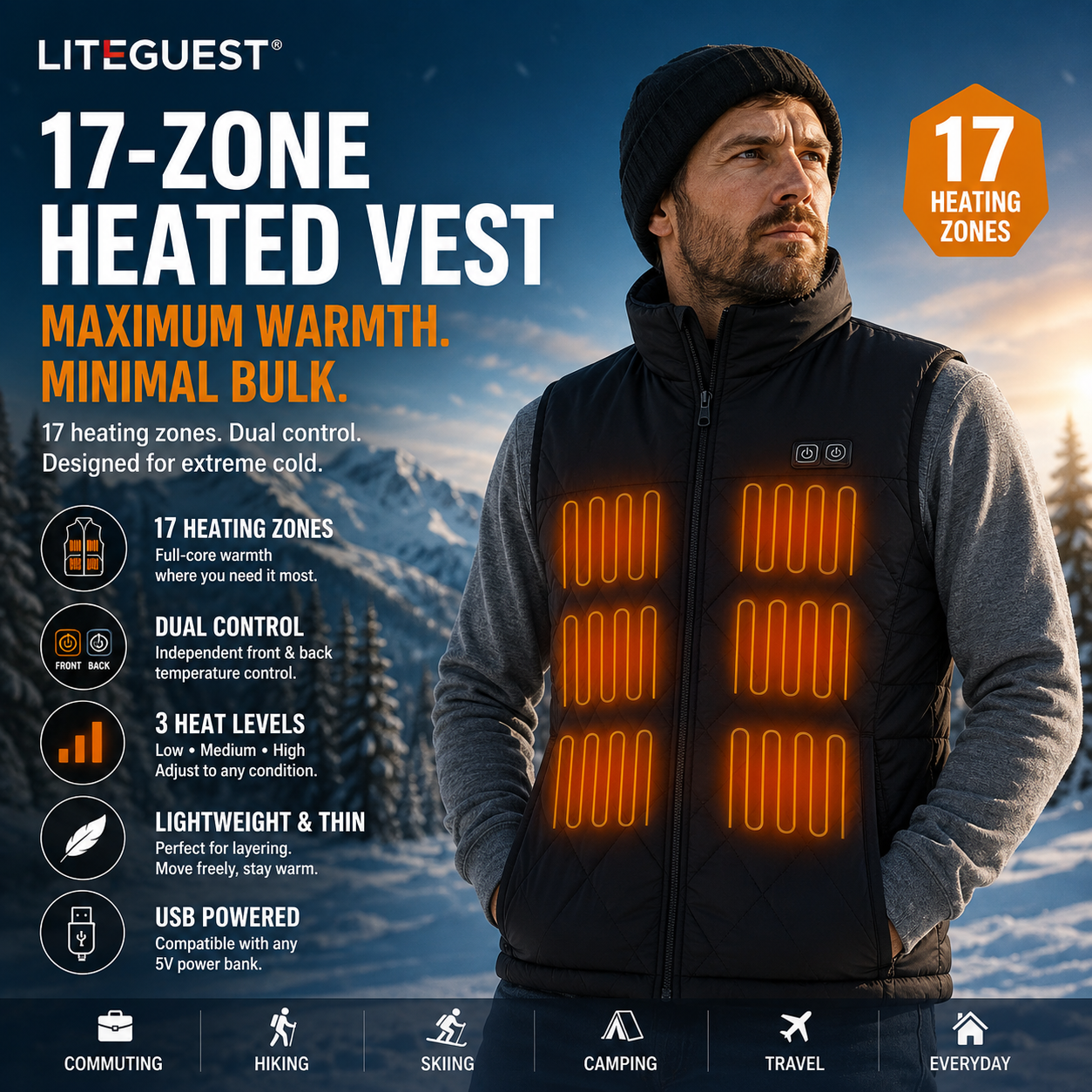 LITEGUEST Dual-Control Heated Vest – 17-Zone USB Heated Winter Vest