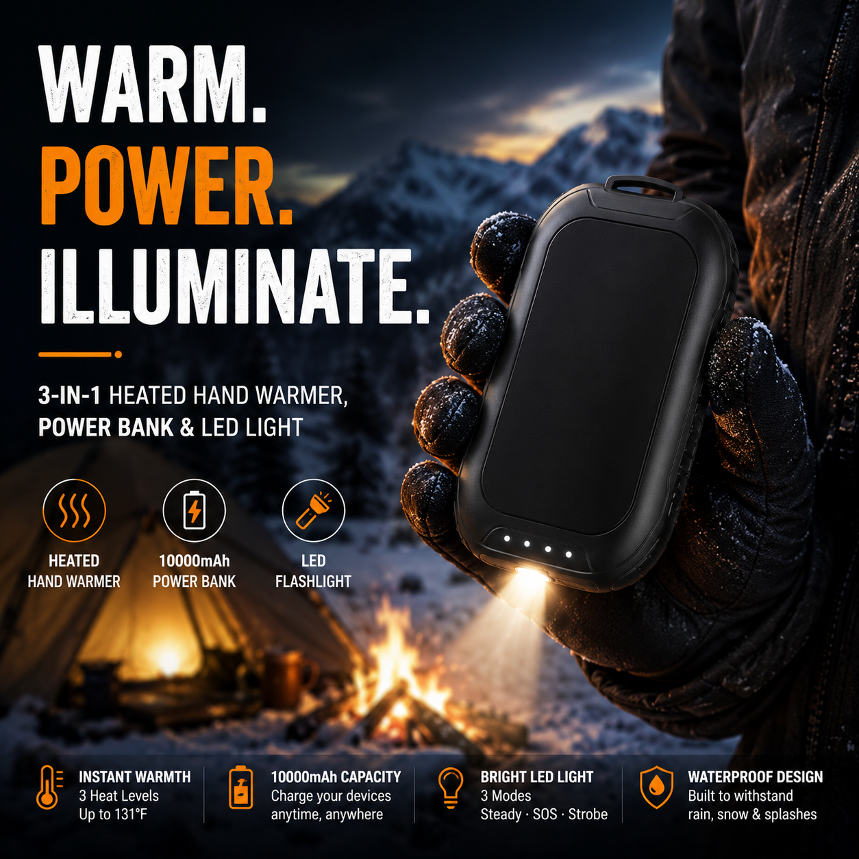 LITEGUEST Waterproof 2-in-1 Heated Hand Warmer & Power Bank with Light
