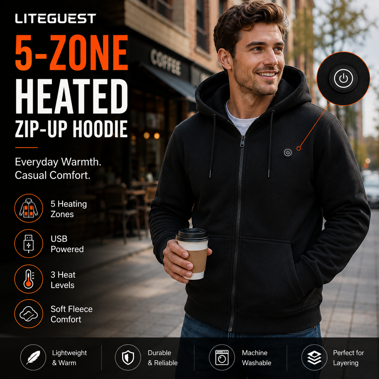 LITEGUEST USB Heated Hoodie 5-Zone Heated Zip-up Hooded Sweatshirt