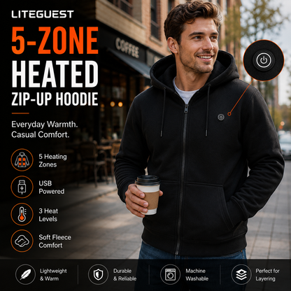 LITEGUEST USB Heated Hoodie 5-Zone Heated Zip-up Hooded Sweatshirt