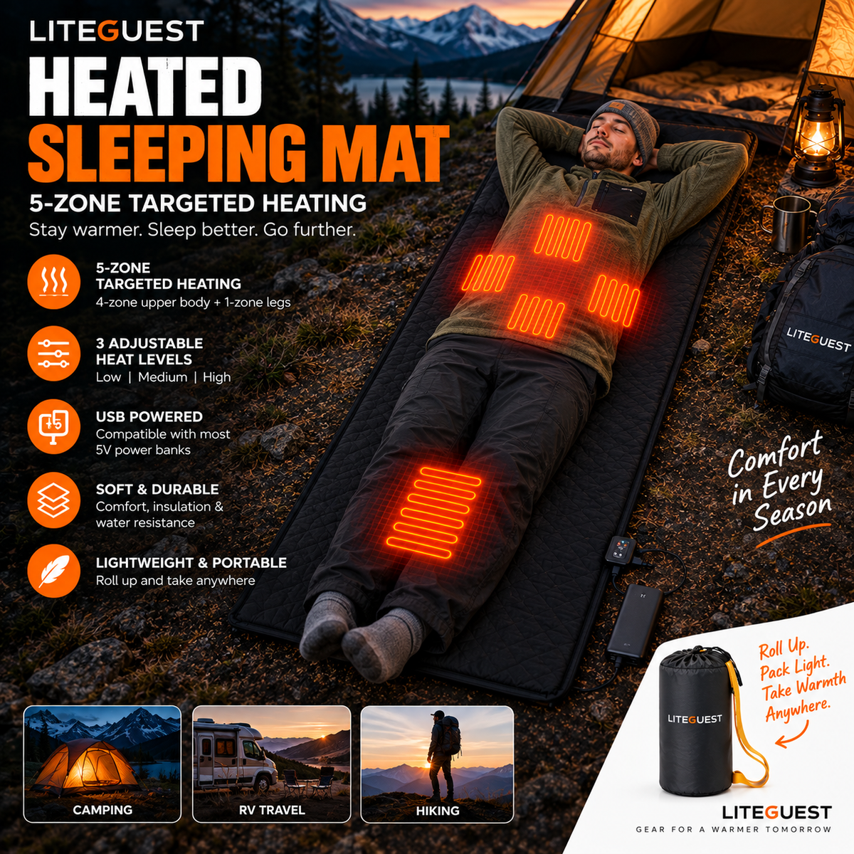 LITEGUEST USB Heated Sleeping Pad Camping Tent Mat for Cold Weather