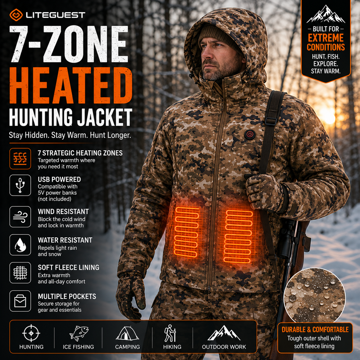 LITEGUEST Heated Camouflage Jacket  Waterproof Outdoor for Winter