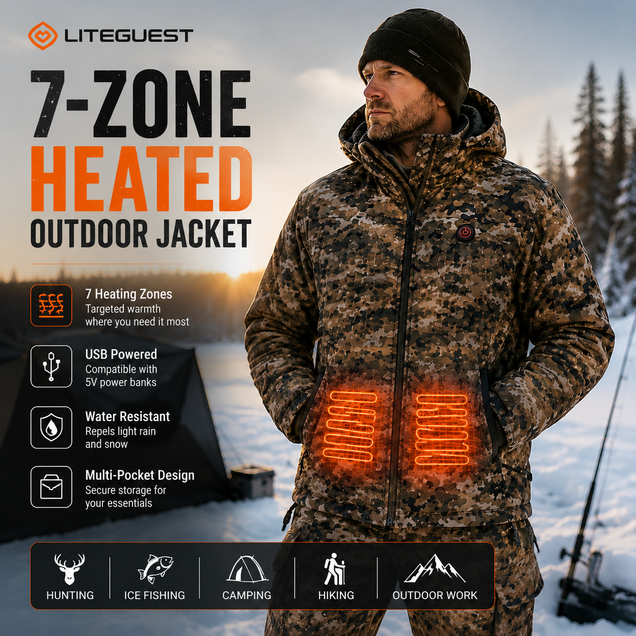 LITEGUEST Heated Camouflage Jacket  Waterproof Outdoor for Winter