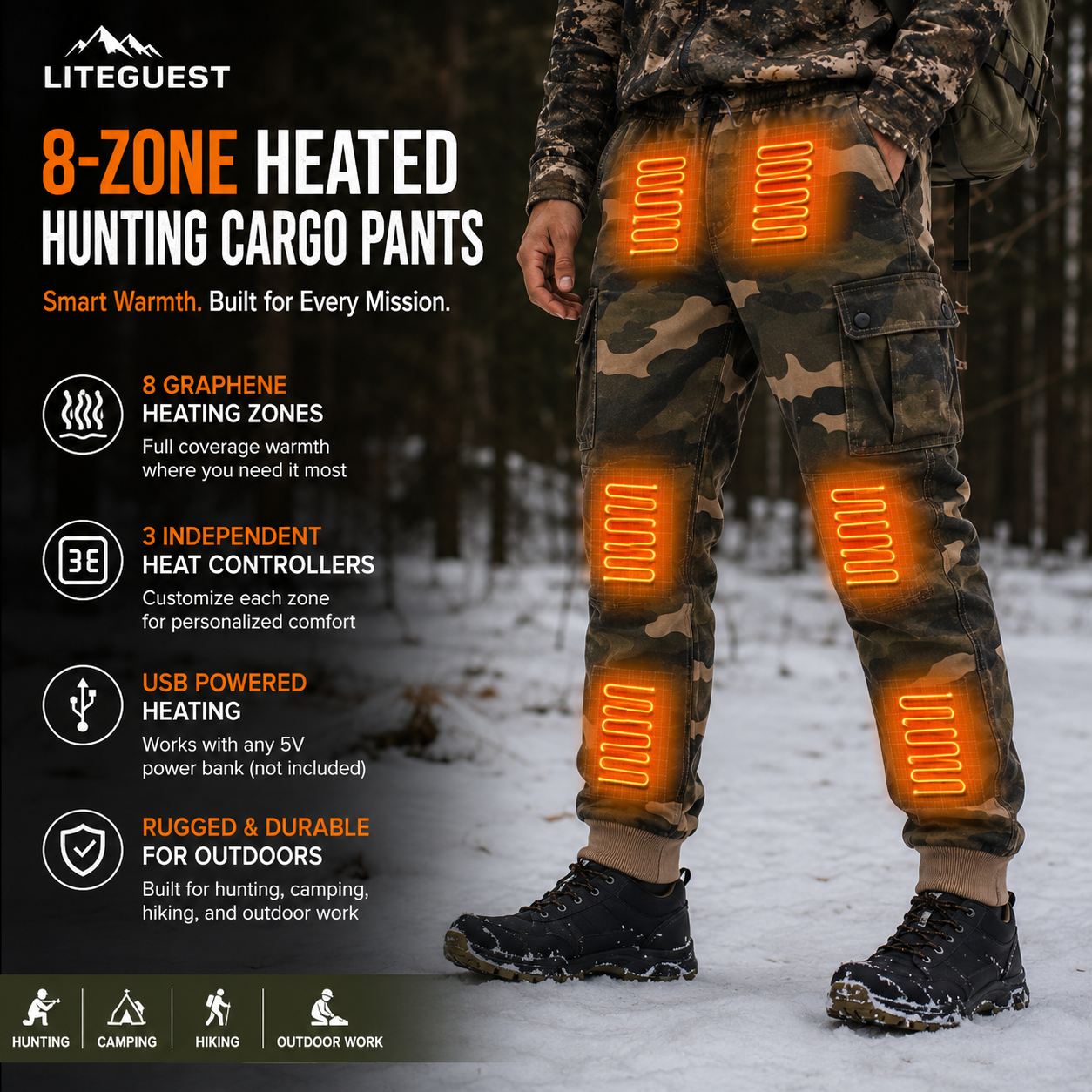 LITEGUEST Heated Pants Cargo Multi-Pocket Outdoor for Winter