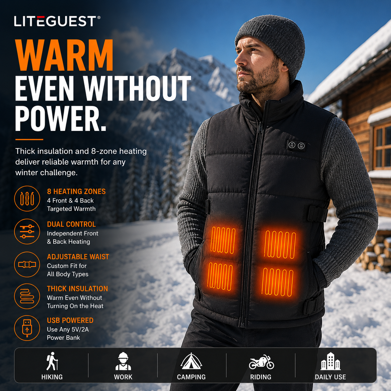 LITEGUEST 8-Zone Dual-Control Adjustable Waist Heated Vest for winter