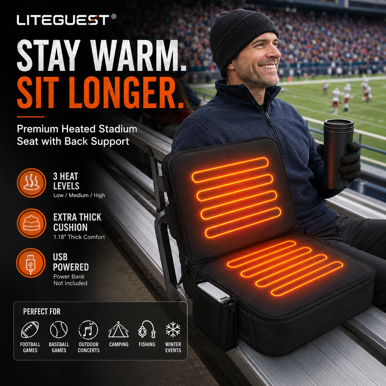 LITEGUEST USB Heated Stadium Seat Cushion Foldable Portable Chair Pad