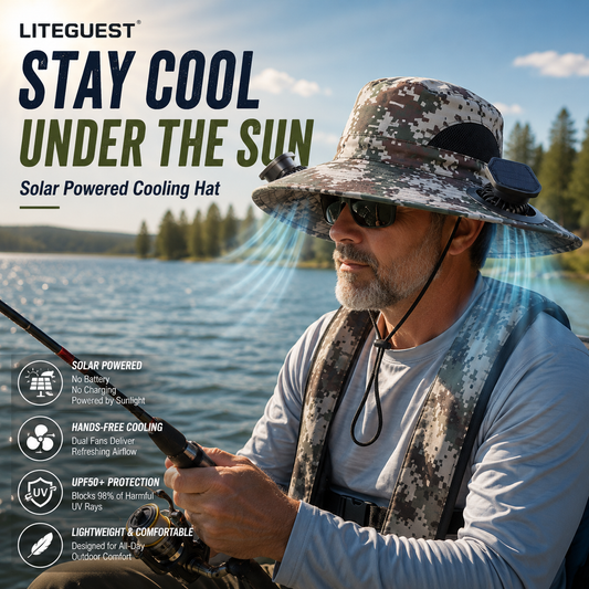 LITEGUEST Solar-Powered Fan Cooling Hat Dual-Fan Wide-Brim Protection