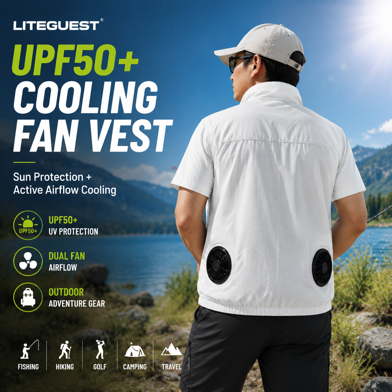 LITEGUEST Cooling Fan Vest Lightweight UPF50 for Outdoor Gear
