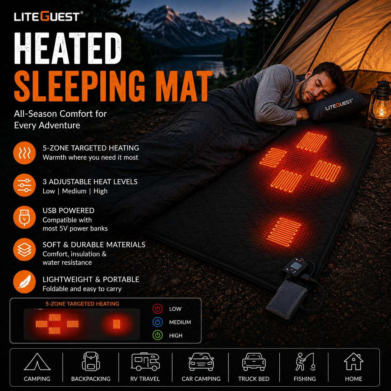 LITEGUEST USB Heated Sleeping Pad Camping Tent Mat for Cold Weather