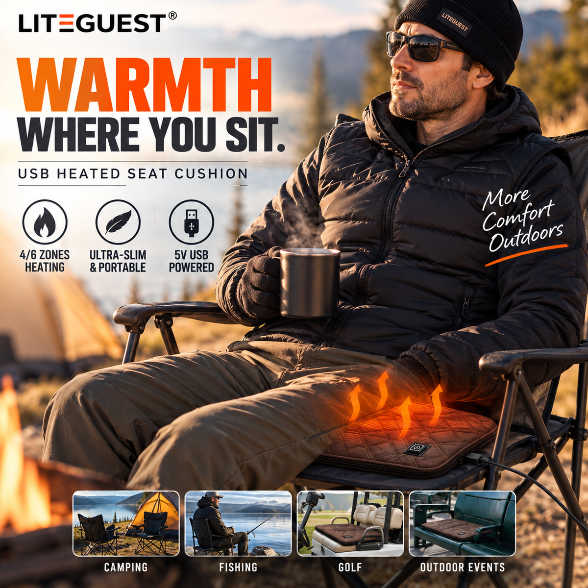 LITEGUEST Heated Seat Cushion Portable Warmth for Outdoor Use