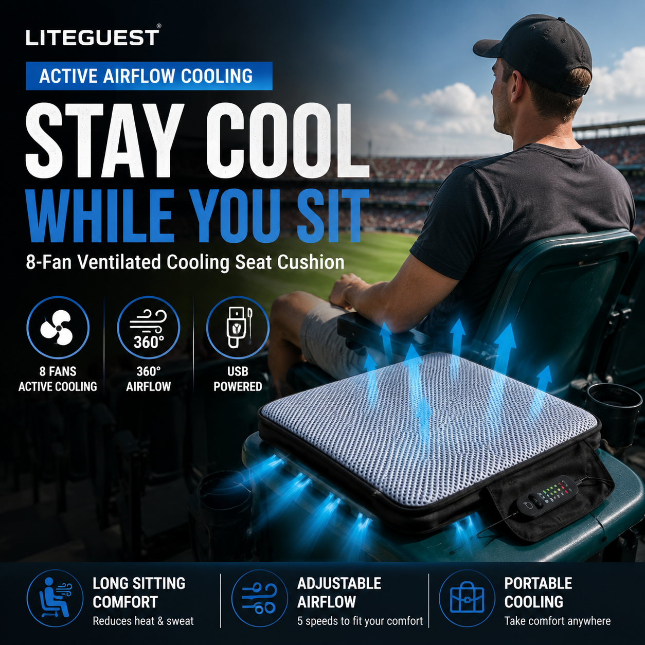 LITEGUEST Cooling Fan Seat Cushion Portable Air Circulation Pad Gear
