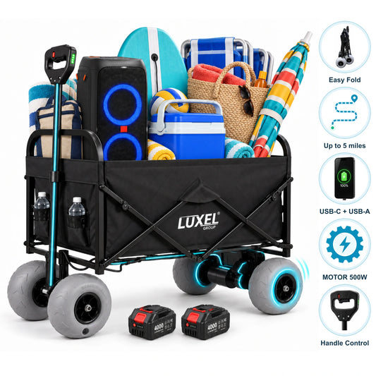 Luxel Carts Electric Beach Wagon 500W – Motorized Folding Cart with Balloon Wheels Black