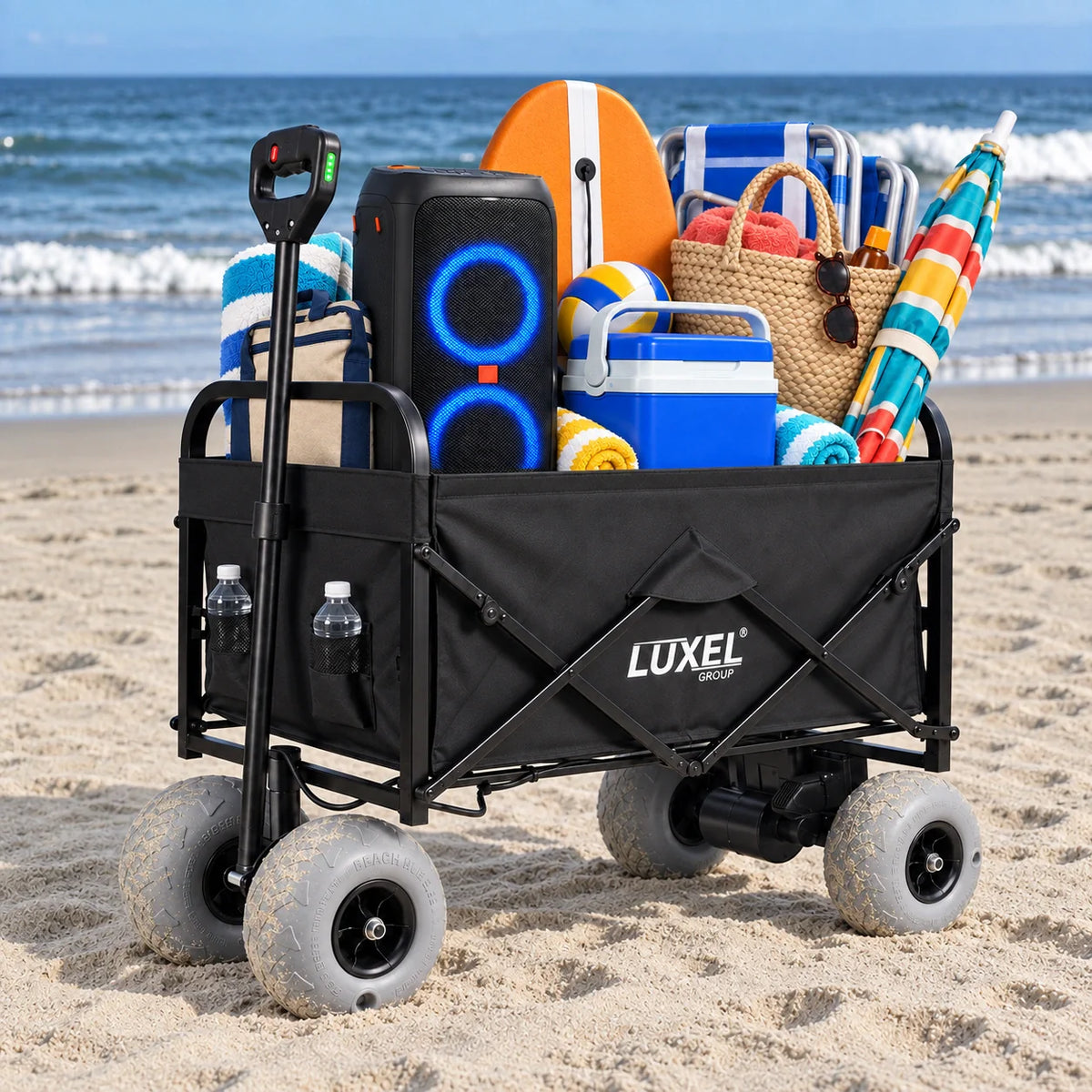 Luxel Carts Electric Beach Wagon 500W – Motorized Folding Cart with Balloon Wheels Black