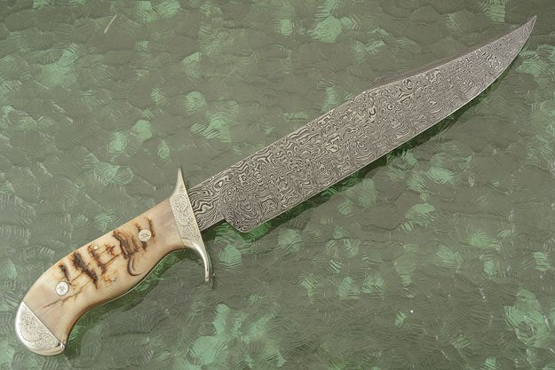 KBS Knives Hand Engraved Tennessee Bowie Knife - Custom Damascus Steel Blade, Ram Horn Handle, Hand Engraved Steel Guard and Bolster, 15" Overall Length | Leather Sheath | KBS Knives