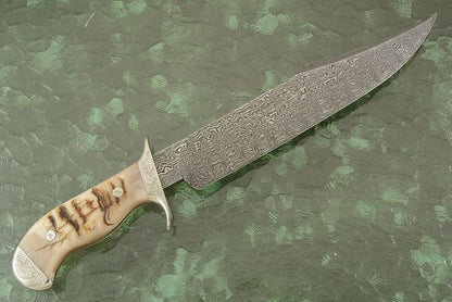 KBS Knives Hand Engraved Tennessee Bowie Knife - Custom Damascus Steel Blade, Ram Horn Handle, Hand Engraved Steel Guard and Bolster, 15" Overall Length | Leather Sheath | KBS Knives