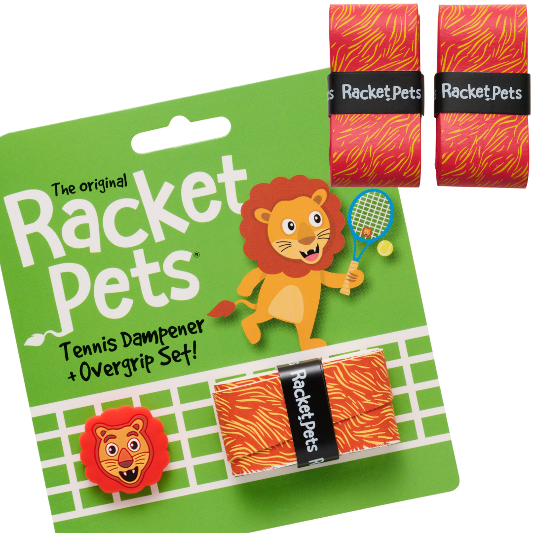 Racket Pets VALUE PACK - A Orange Lion Racket Pet Tennis Dampener and Overgrip Tape with a (Pack of 2) Replacement Overgrip Tape