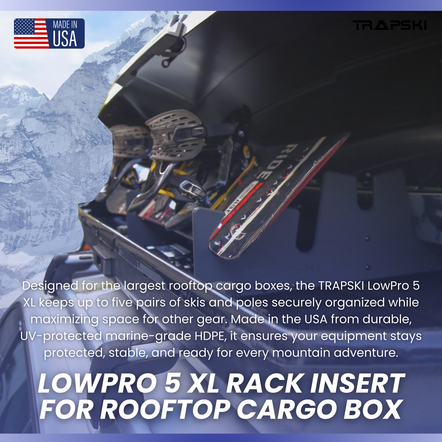TRAPSKI LowPro 5 XL Ski and Snowboard Rack Insert for Rooftop Cargo Box