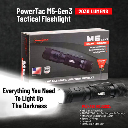 Powertac M5 Gen3 Power User Pack - EDC Flashlight with 2 Batteries for Maximum Runtime