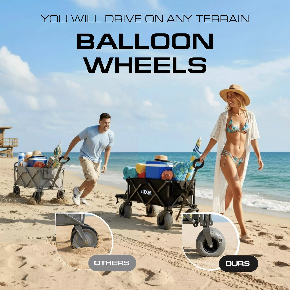 Luxel Carts Beach Wagon Cart with Big Wheels – Foldable Utility Wagon Black