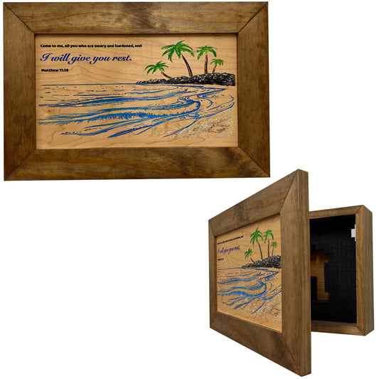 Bellewood Designs - Bible Verse Decorative & Secure Wall-Mounted Gun Cabinet - Matthew 11:28