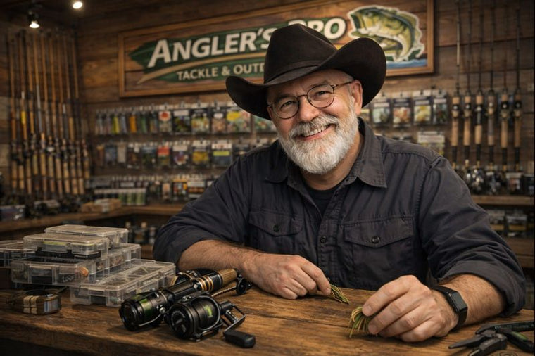 Man in a cowboy hat sitting at a table with fishing tackle in a tackle shop.