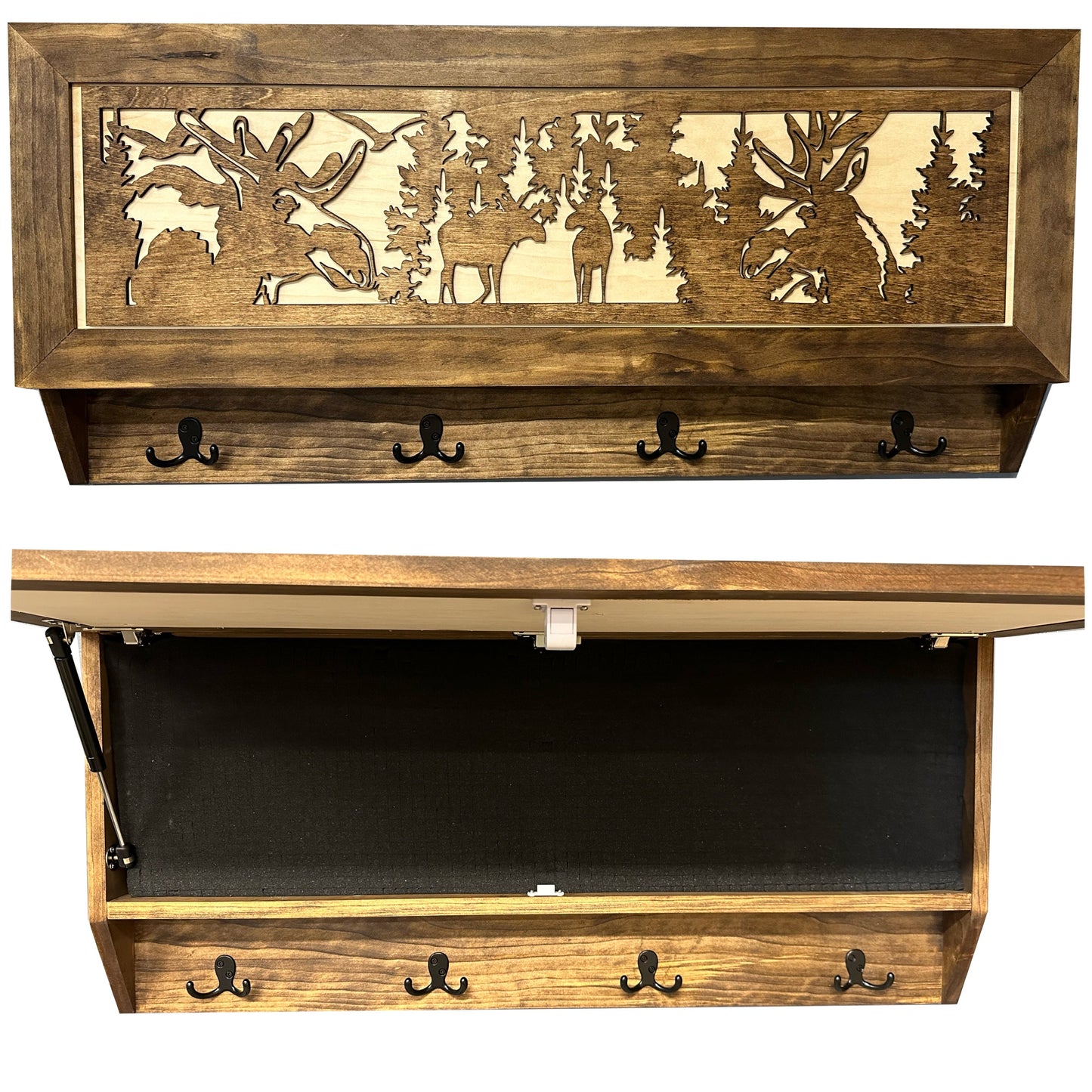 Bellewood Designs - Moose Hunting Hidden Gun Storage Coat Rack Concealment Shelf with Hooks for Coats, Bags, & Hats