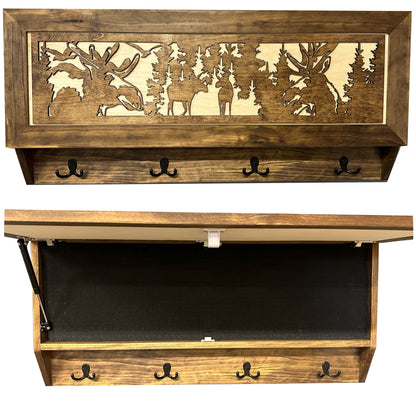 Bellewood Designs - Moose Hunting Hidden Gun Storage Coat Rack Concealment Shelf with Hooks for Coats, Bags, & Hats