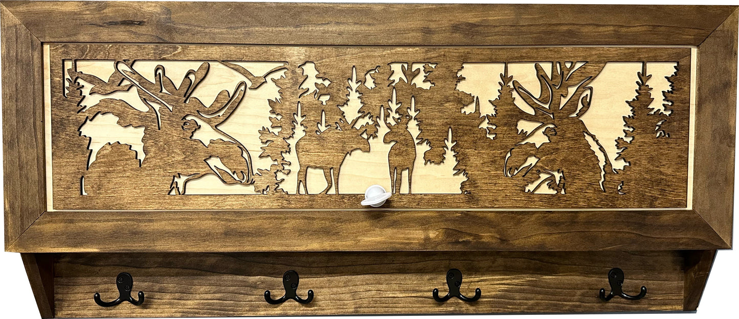Bellewood Designs - Moose Hunting Hidden Gun Storage Coat Rack Concealment Shelf with Hooks for Coats, Bags, & Hats