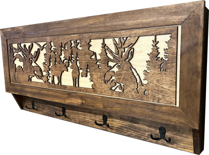 Bellewood Designs - Moose Hunting Hidden Gun Storage Coat Rack Concealment Shelf with Hooks for Coats, Bags, & Hats