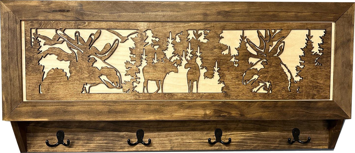 Bellewood Designs - Moose Hunting Hidden Gun Storage Coat Rack Concealment Shelf with Hooks for Coats, Bags, & Hats